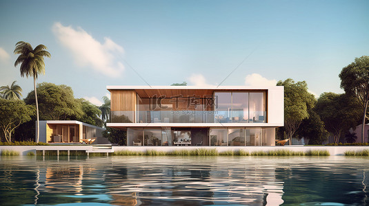 海滨现代房屋的 3D 插图，前视图