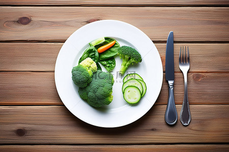 木桌上放着蔬菜和刀叉的盘子