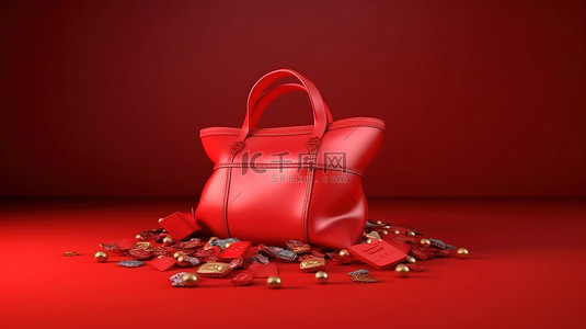 节日背景下装满礼物的红色圣诞袋的 3D 渲染
