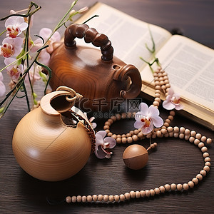 木茶壶珠花和木桌上的笔记本