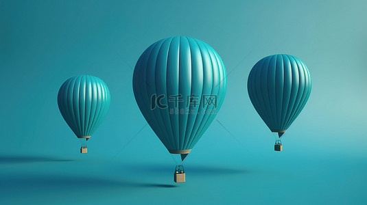 以三个充满活力的热气球的 3D 渲染为特色的蓝色背景