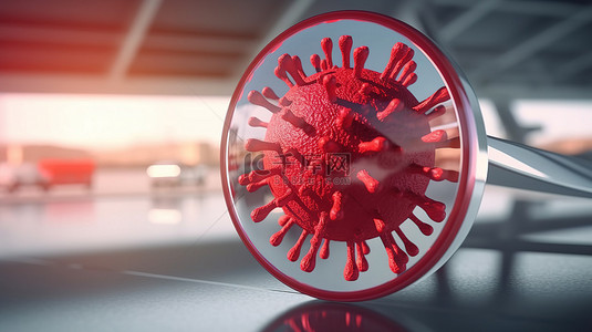 机场发现放大红色病毒的 3D 渲染