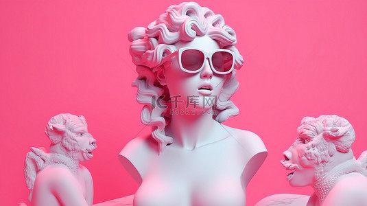 波普艺术风格背景图片_现代波普艺术风格 3D 插图金星女神雕塑戴着粉色太阳镜