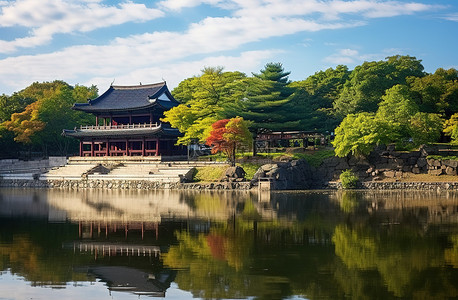 夏天河边背景图片_河边的韩国寺庙