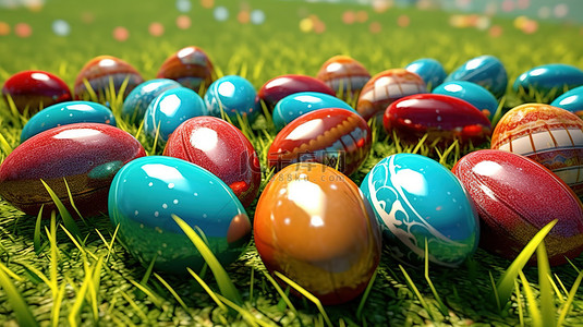 阳光绿地背景图片_3D 创建的青翠草地上复活节彩蛋的详细视图
