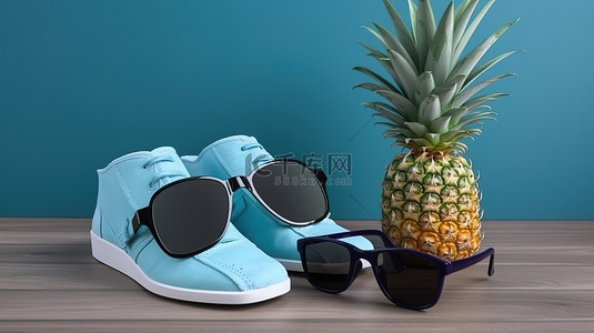 虚拟现实旅行必需品棕榈叶鞋帽和菠萝，搭配蓝色木质背景上的 3D 眼镜