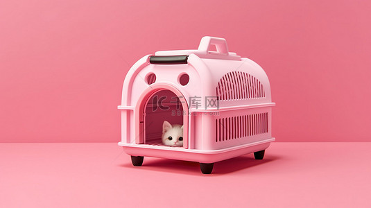 木桌上呈现的粉红色宠物塑料笼载体盒和相同色调的 3D 概念化背景