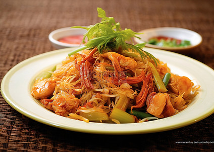 马来西亚目录背景图片_马来式鸡肉炒饭配已煮熟的炒蔬菜