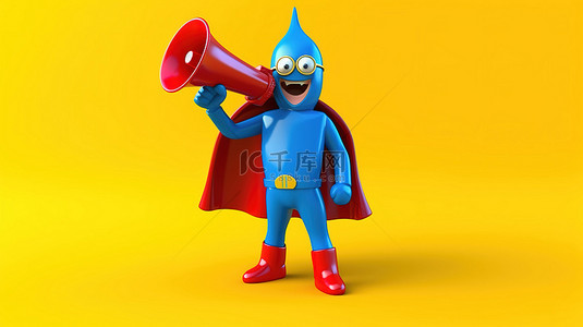 卡通人物拿着喇叭背景图片_黄色背景，蓝书人物吉祥物拿着 3D 渲染的复古红色扩音器