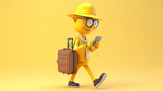 3d 渲染的卡通旅行者，手里拿着黄色手提箱和电话