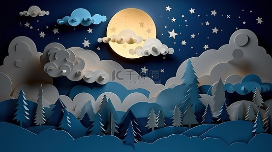 山间云间背景图片_夜空云间满月的剪纸风格插图