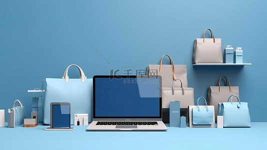 在线购物工作区模型在蓝色背景上呈现电脑笔记本电脑平板电脑和智能手机显示屏的 3D 图像