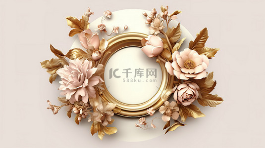 镀金之美玫瑰装饰灰泥框架的 3D 插图，带有华丽的金色元素