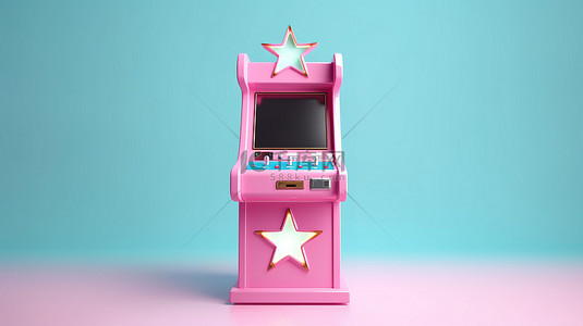 游戏海报背景图片_复古星形粉色和蓝色背景游戏街机，带有为您的设计渲染的空白屏幕 3D