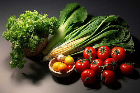 新鲜绿叶蔬菜西红柿和玉米