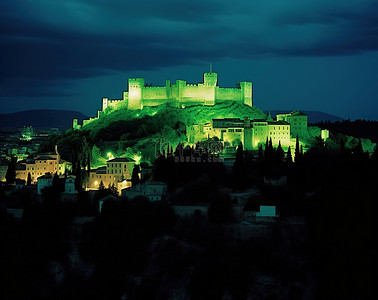 绿色灯光下的城堡在夜间亮起