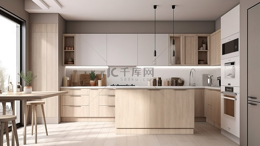 整体家居背景图片_家庭内部插图 3d 白色整体厨房与木柜