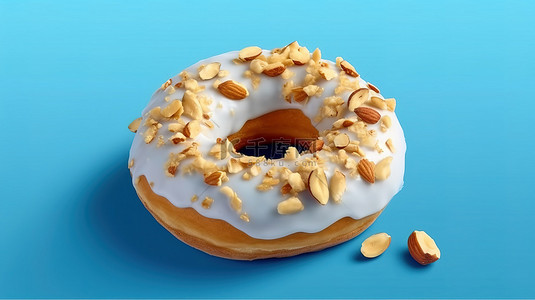 杏仁糖霜甜特写在甜甜圈顶部，隔离并漂浮在蓝色背景 3D 渲染上