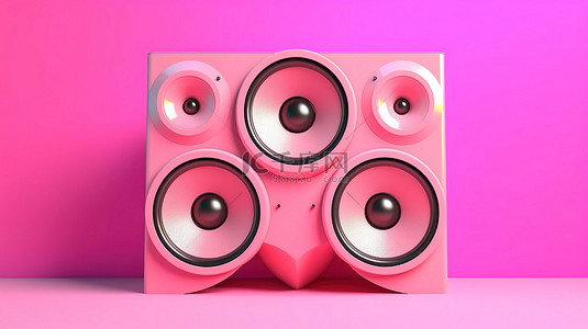 在充满活力的粉红色背景上放大声音的扬声器的 3D 渲染