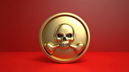 骷髅武士背景图片_哑光红色背景上的镀金骷髅和交叉骨徽章 3D 渲染的社交媒体图标