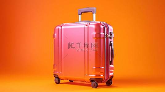 洋红色背景展示了一个宽敞的 3D 渲染聚碳酸酯手提箱，采用鲜艳的橙色