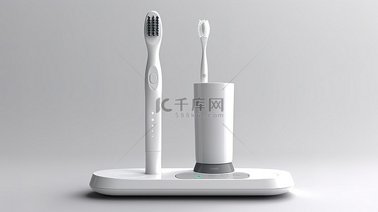 基本牙刷和现代电动牙刷，带充电座，白色背景 3D 渲染