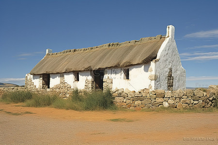 荒芜的农村地区的一座石头茅草屋