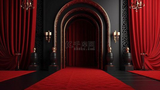 概念性 VIP 入口，黑色阿拉伯门的 3D 渲染，带有红色绳索屏障，配有丰富的红地毯
