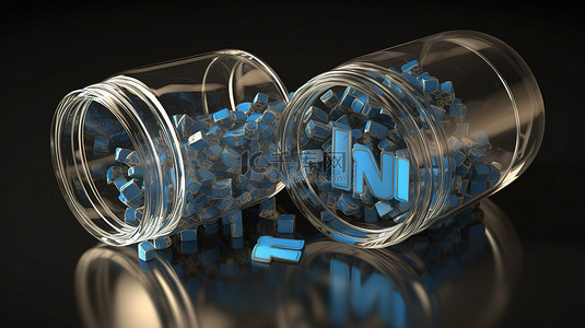 在 3d 渲染场景中，两个玻璃罐里满是闪亮的 linkedin 徽章