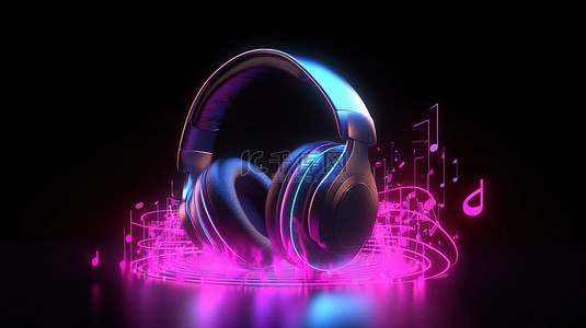 音乐图标背景图片_3D 渲染霓虹灯耳机图标音符和声波中的 nft 音乐概念