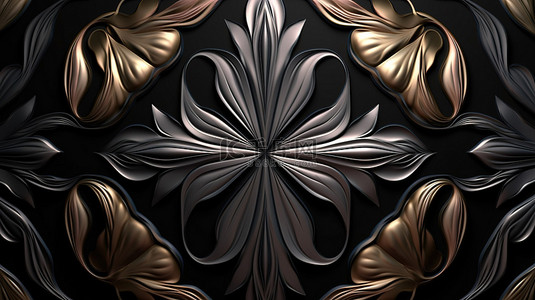 花朵启发的椭圆形织物设计在黑墙上无缝渲染 3D