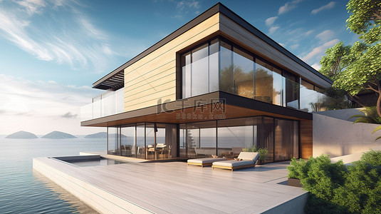 海景房地产背景图片_带木制露台和 3D 渲染海景的现代住宅