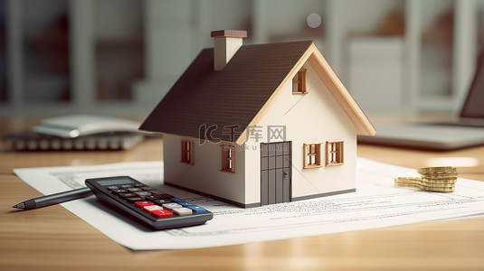 抵押计算器和一支形状像房子的笔，坐在贷款申请表 3D 渲染旁边的木桌上