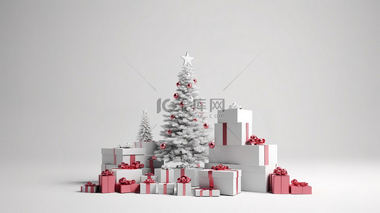 白色圣诞树背景图片_白色背景上孤立的圣诞树和礼品盒的 3D 插图