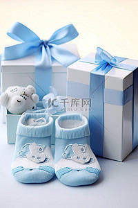 新生男婴婴儿及靴子礼盒婴儿蓝蓝色主题