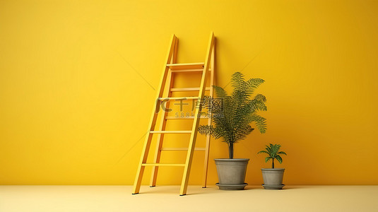生长和发展概念的 3D 渲染黄色工作室背景与阶梯
