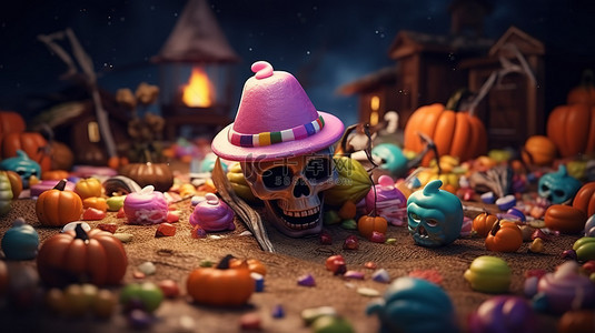 万圣节时，巫婆帽骨头头骨和南瓜的 3D 渲染令人毛骨悚然，上面漂浮着彩虹般的彩色糖果和糖果