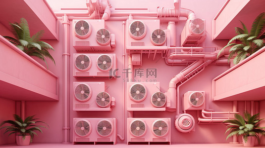 具有多个空调系统室内机的粉红色建筑的 3D 渲染