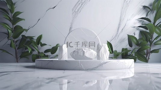 水和树叶背景图片_优雅的化妆品展示架，以白色石头平台为特色，以树叶和水反射 3D 渲染为背景