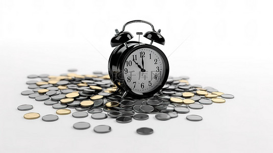 时间的闹钟背景图片_时间的 3D 渲染是黄金概念黑色复古闹钟和白色背景上的卢布硬币
