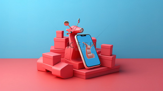 配送图标背景图片_蓝色背景上带有位置图标红色滑板车的智能手机盒的 3D 渲染