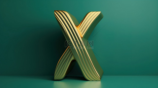福尔图纳的金色字母 x 在潮水绿色背景上闪闪发光，是 3d 中流行的字体类型症状
