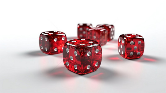 摇骰子动画背景图片_白色背景 3D 渲染下不同位置的红色玻璃游戏骰子立方体的赌场赌博排列的视觉描述