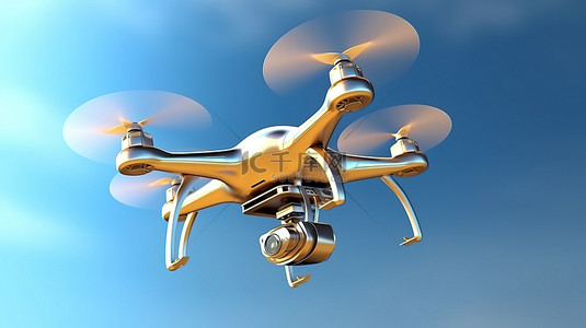 四轴飞行器无人机在清澈的蓝天中翱翔的航空摄影 3D 渲染