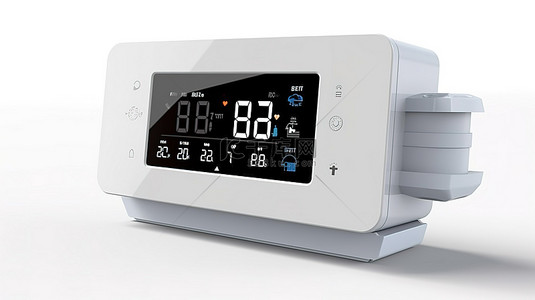 效率健康背景图片_现代恒温器和气候控制系统，带有 3D 呈现的白色背景上的家庭蓝图