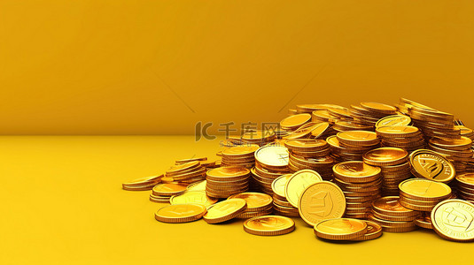 黄色背景的 3D 渲染，金币代表赌场和在线购物