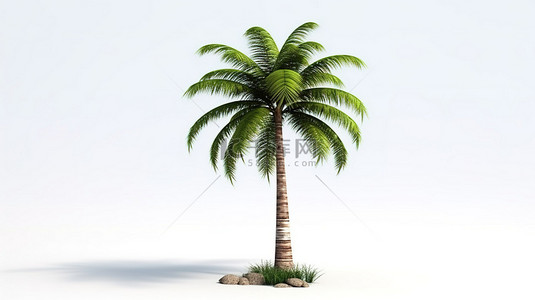 热带天堂 3D 渲染棕榈树，绿叶茂盛，适合海滩度假和夏季度假