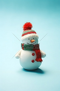 小雪人背景图片_蓝色背景中戴着红帽子和围巾的小雪人