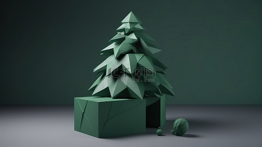 灰色背景下节日绿色圣诞树 3d 渲染中的低聚立方体盒
