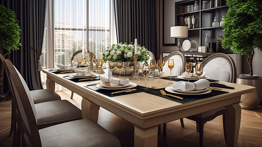 豪华晚餐背景图片_使用 3D 渲染创建的精致餐桌布置